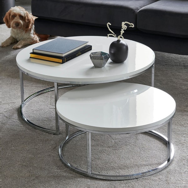 Modern Coffee Tables - Round Table Set of 2, Living Room Decor, Interior Design, White Solid Table Top on Chrome Plate Metal Base, Home Gift