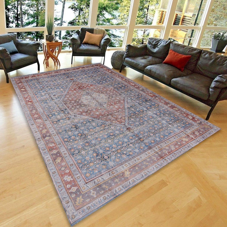 Traditional Rug 6x9, Authentic Rug for Living Room, Pale Blue and Red Turkish Rug , Non Slip Carpet, Washable Rug, Gift for Him Housewarming image 3