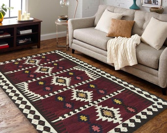 Traditional Burgundy Kilim Rug With Ethnic Motifs, Cotton Chenille Turkish Rug Home Decor Rugs cotton area rugs machine washable non slip