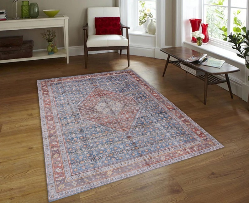 Traditional Rug 6x9, Authentic Rug for Living Room, Pale Blue and Red Turkish Rug , Non Slip Carpet, Washable Rug, Gift for Him Housewarming image 4