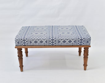 Luxury ottoman blue footstool bench, handmade upholstered stool , wood work furniture, tufted bench, geometric genuine fabric aztec boho