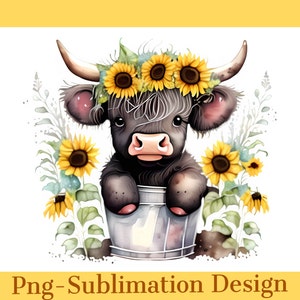 Highland Cow Png, Black Highland Cow Design, Western Png, Baby Highland Cow Art, Western Sublimation, DTF, POD, Cute Cow Sunflowers Png