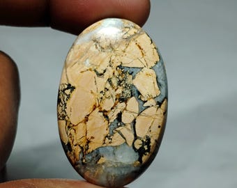 May include: An oval-shaped gemstone with a unique pattern of tan, gray, and black. The stone is held between fingers, showcasing its polished surface and natural color variations. The gemstone's design resembles a mosaic or a map.
