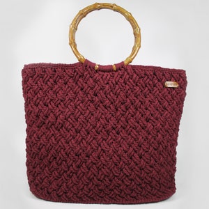 Bolso de crochet con asa superior, elegante bolso de macramé, bolso tote hecho a mano, monedero rojo burdeos para mujer, bolso de punto, listo para enviar, regalo para mujer