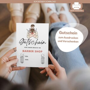 May include: A printable gift certificate for a visit to a barber shop. The certificate features a cartoon illustration of a barber with a beard and scissors. The text reads "Gutschein für einen Besuch im Barber Shop" and includes spaces for the recipient's name and the giver's name.