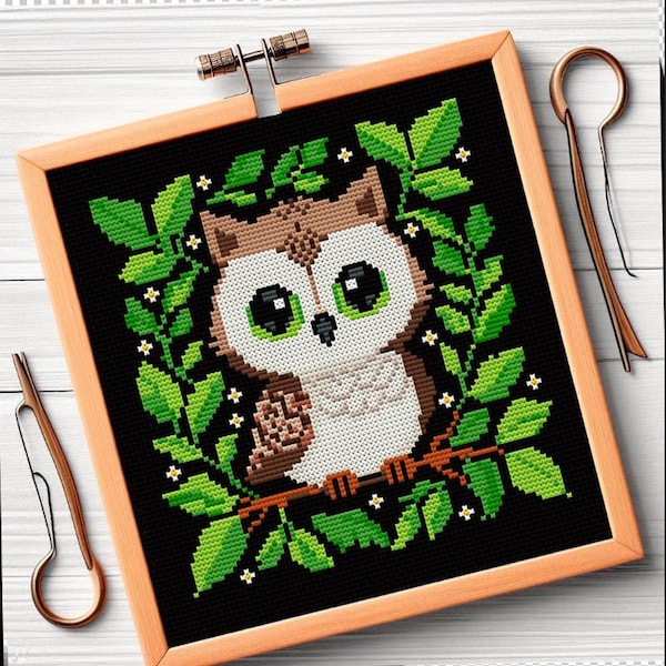 Whimsical Woodland Owl PDF Instant Download Cross Stitch Pattern Winter Cross Stitch Christmas Decor Owl Embroidery Wooden Gift Owl Lover