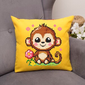Flower Monkey Cross Stitch Pattern: Funny Animal Embroidery (PDF Download)