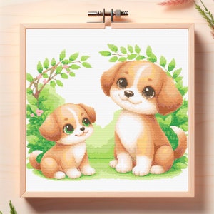 May include: Two brown and white cartoon puppies sitting in a green grassy area with green leaves and pink flowers. The larger puppy is sitting on the right and the smaller puppy is sitting on the left.