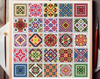 Squares Patchwork Cross stitch pattern Geometric Folk cross stitch chart Sampler Quaker xstitch Pattern PDF Easy Ukraine embroidery