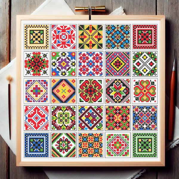 Squares Patchwork Cross stitch pattern Geometric Folk cross stitch chart Sampler Quaker xstitch Pattern PDF Easy Ukraine embroidery