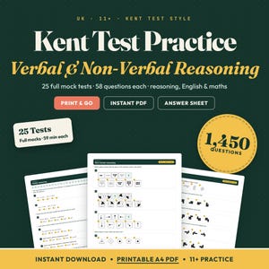 Könnte beinhalten: Ein digitaler Lernleitfaden für den britischen 11+ Kent-Test mit Übungen zum verbalen und nonverbalen Denken. Das Dokument enthält 25 vollständige Probetests mit je 58 Fragen, insgesamt 1.450 Fragen, im druckbaren A4-PDF-Format.