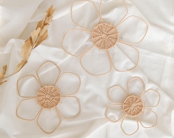 Rattan Flower Wall Decor Set 3, Daisy Rattan Nursery Decor, Boho Rattan Girl Nursery Flower, Boho Kids Bedroom Decor, Playroom Decor Girl