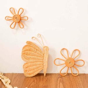 Boho Rattan Nursery Wall Decor Set 3, Flower Nursery Wall Decor, Rattan ...