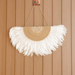 White Juju Hat Wall Decor, Juju Feather Wall Decor with Sea Shell, Boho Beach Bedroom Decor, Boho Nursery Wall Decor, Beach Girls Room Decor