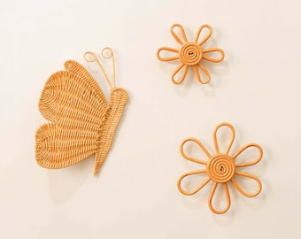 Boho Rattan Nursery Wall Decor Set 3, Flower Nursery Wall Decor, Rattan Butterfly Wall Decor, Rattan Daisy Nursery, Kids Playroom Decor