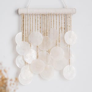White Capiz Shell Wind Chimes, Seashell Decor Bedroom Boho, Coastal Beach House Wall Hanging