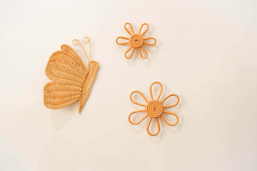 Boho Rattan Nursery Wall Decor Set 3, Flower Nursery Wall Decor, Rattan ...