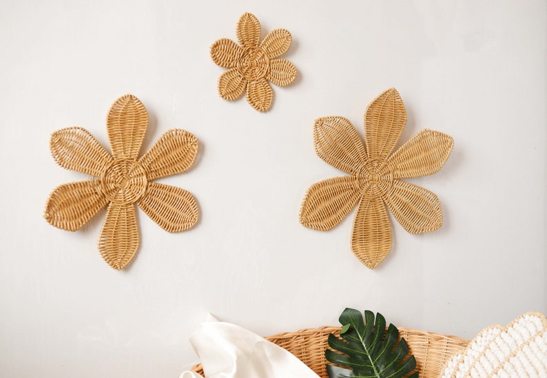 Rattan Flower Wall Decor Set of 3 Rattan Daisy Wall Decor Etsy