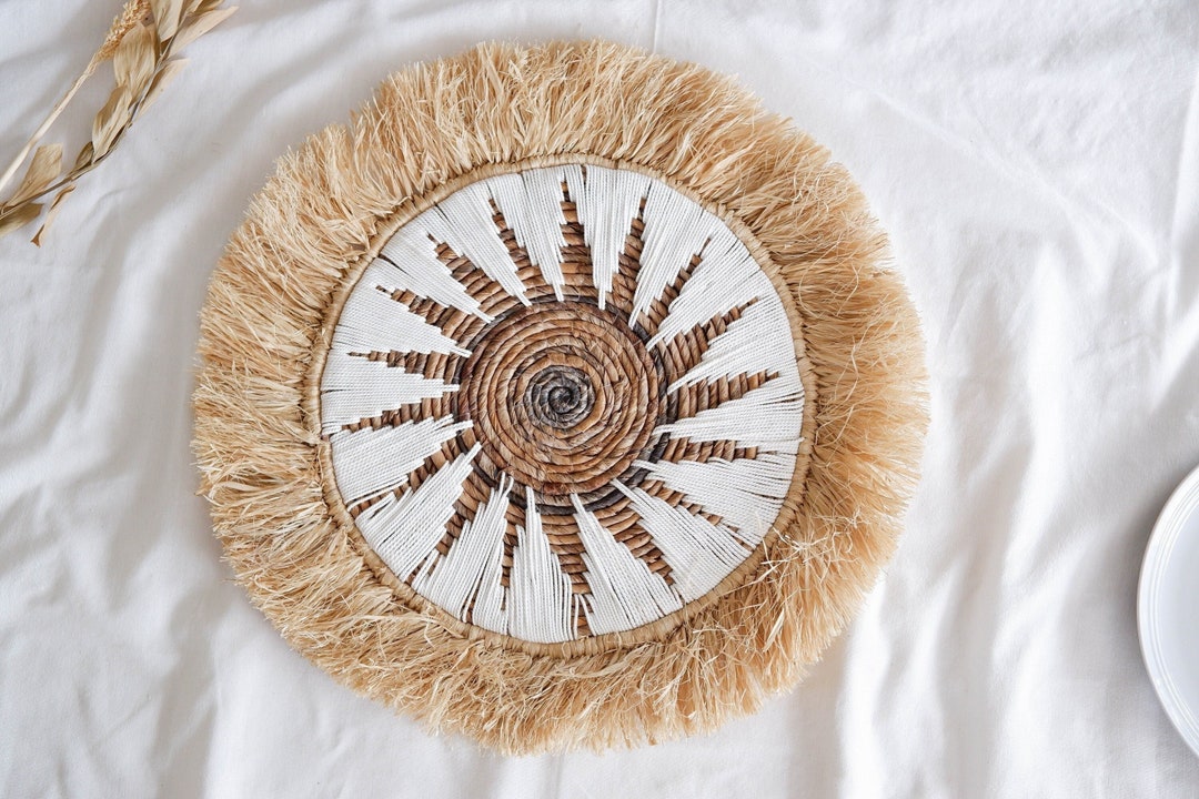 Boho Basket Wall Decor, Banana Bark Wall Decor, Wicker Raffia Fringe
