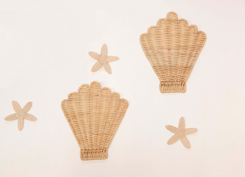 Decorative Rattan Shell Rattan Nursery Wall Decor SET, Rattan Sea Shell Decor, Boho Rattan ...