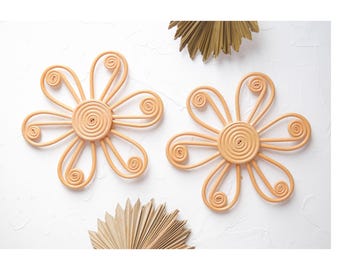 Rattan Daisy Nursery Decor Big Set of 2, Rattan Flower Wall Decor, Boho Nursery Decor, Flower Shelf Decoration, Girl Kids Bedroom Decoration