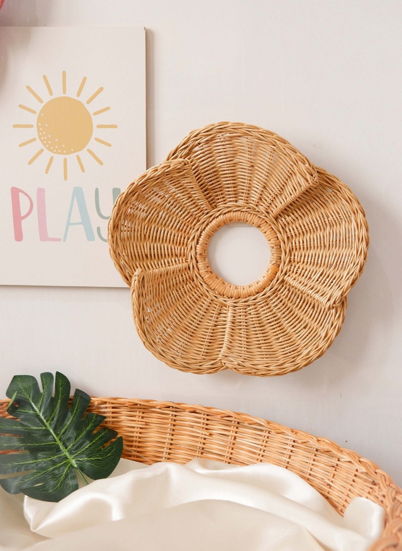 Rattan Flower Nursery Wall Decor Big, Daisy Rattan Wall Decor, Rattan Nursery Shelf Decor, Kids Playroom Wall Decor, Boho Nursery Decor Girl image 1