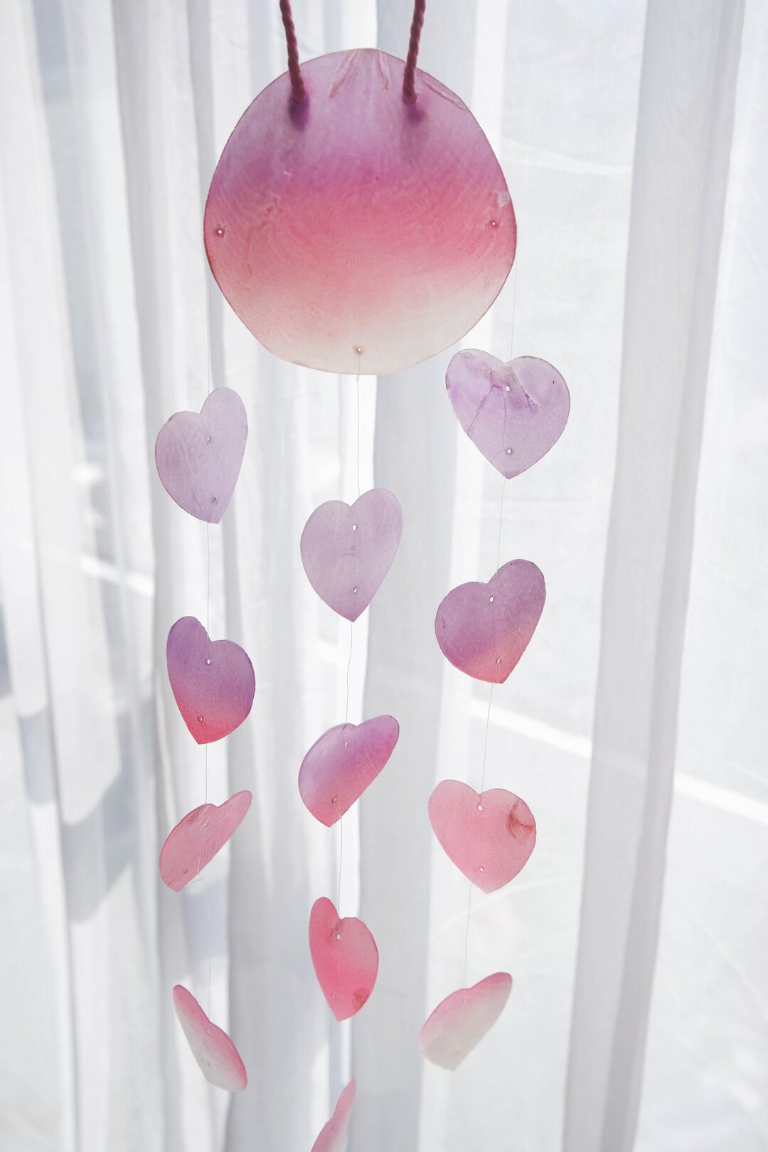 Pink Purple Capiz Shell Heart Wall Hanging, Handmade Coastal Boho Wall ...