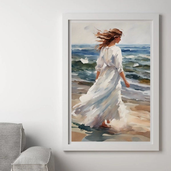 Mural of a beautiful woman by the sea in gouache technique,  bundle,  digital download,  Interior decoration