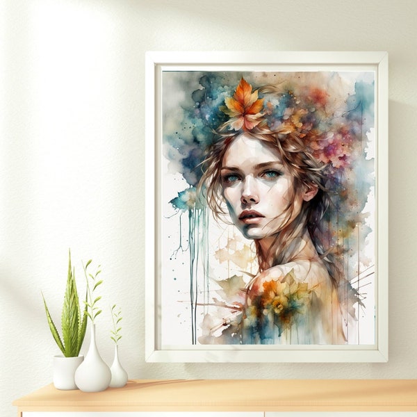 Interior decoration, AI Art Walldeco of a beautiful woman in watercolor technique, floral motif, Digital download