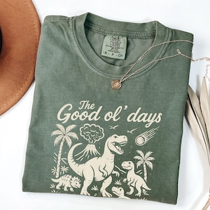 May include: Olive green t-shirt with a dinosaur graphic and the text "The Good ol' days". The shirt has a crew neck and short sleeves. A gold necklace with a pendant is draped across the shirt.
