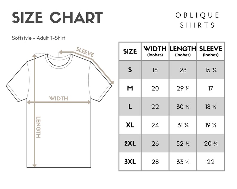 May include: Size chart for adult t-shirts with measurements in inches for width, length, and sleeve. Sizes include S, M, L, XL, 2XL, and 3XL.