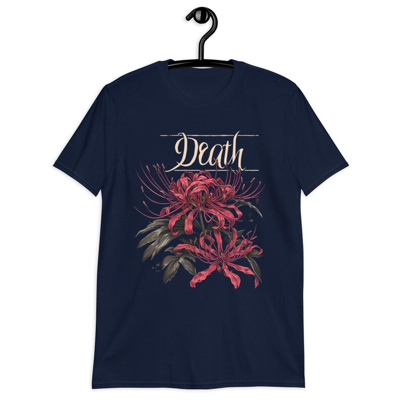 May include: Navy blue t-shirt with a red flower graphic and the word "Death" in white script.