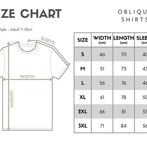 May include: Size chart for adult t-shirts with measurements in centimeters for width, length, and sleeve length. Sizes range from S to 3XL.