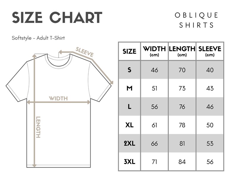 May include: Size chart for adult t-shirts with measurements in centimeters for width, length, and sleeve length. Sizes range from S to 3XL.