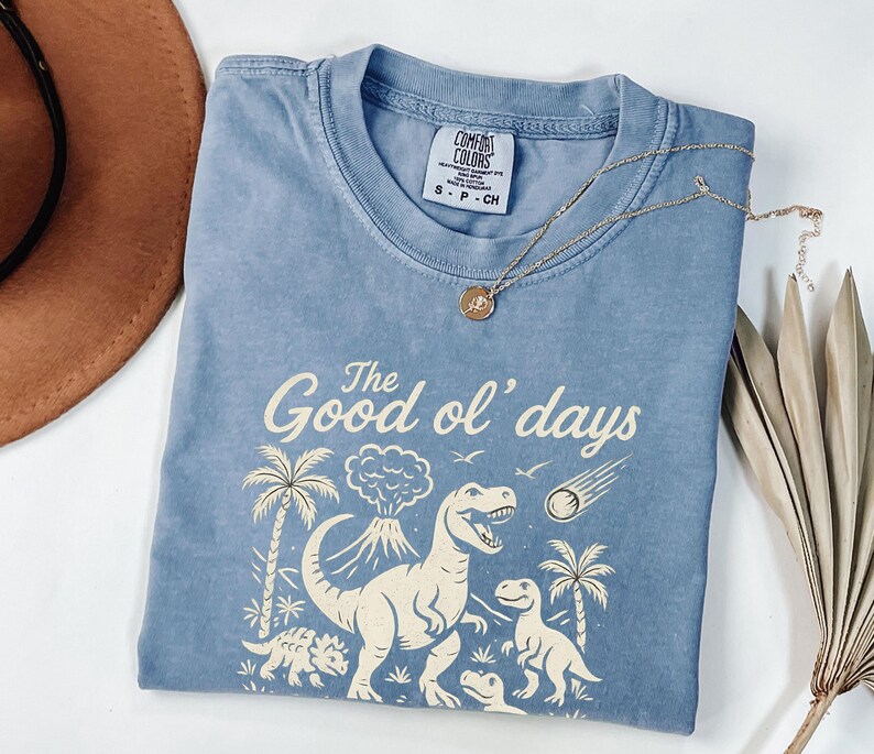 May include: A light blue t-shirt with the text "The Good ol' days" and a graphic of dinosaurs, palm trees, and a volcano. A gold necklace with a round pendant is on the shirt.