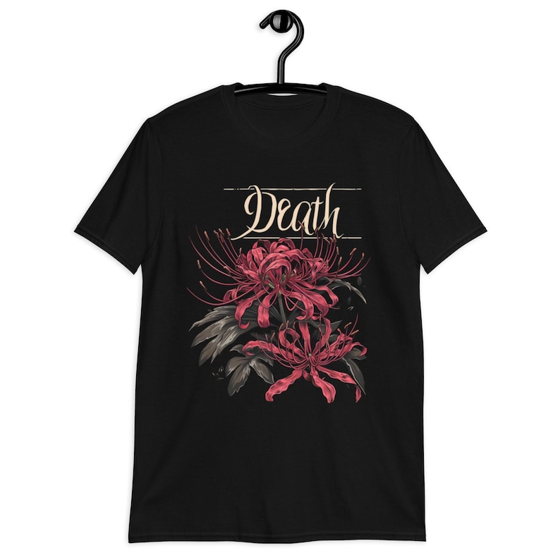 May include: Black t-shirt with a red flower graphic and the word "Death" in a stylized font.