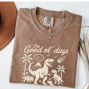 May include: Brown t-shirt with the text "The Good ol' days" and a graphic of dinosaurs, palm trees, and a volcano. A silver necklace with a pendant is on the shirt. A brown hat is in the upper left corner.