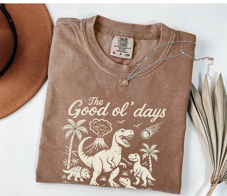 May include: Brown t-shirt with the text "The Good ol' days" and a graphic of dinosaurs, palm trees, and a volcano. A silver necklace with a pendant is on the shirt. A brown hat is in the upper left corner.