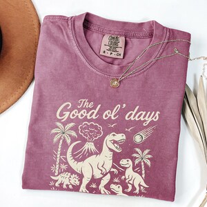 May include: A mauve Comfort Colors t-shirt with a graphic of dinosaurs, palm trees, and a volcano. The text "The Good ol' days" is printed above the graphic. A gold necklace is draped across the shirt.