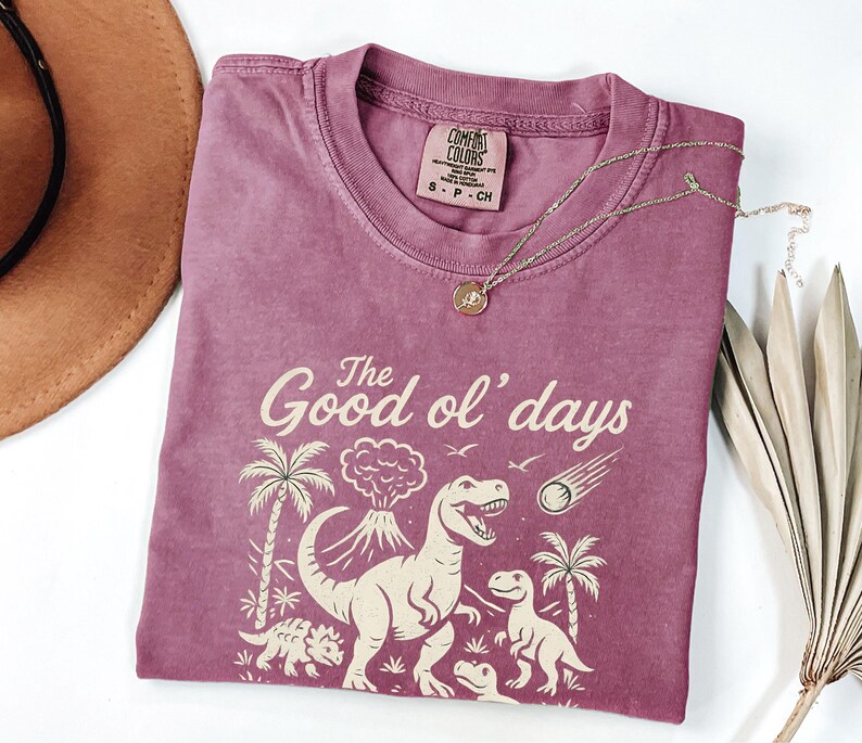 May include: A mauve Comfort Colors t-shirt with a graphic of dinosaurs, palm trees, and a volcano. The text "The Good ol' days" is printed above the graphic. A gold necklace is draped across the shirt.