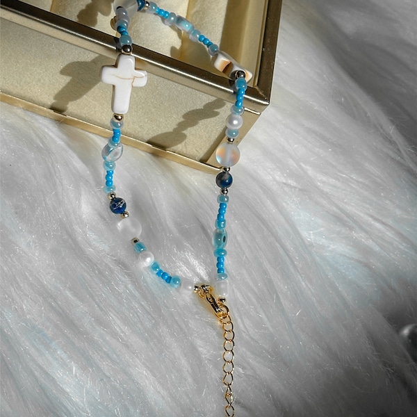 14K gold plated luxury handmade cross beads anklet Noah - Fresh water pearl - Sky blue sea sediment jasper pearls - Moonstone - Jewelry