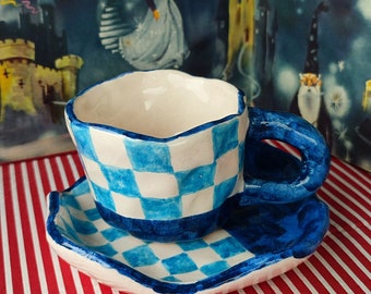 Blue and White checkers Ceramic Mug - Handmade Clay Cup -  Cup Set Housewarming Gift
