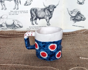 Handmade Ceramic  Espresso Mug / Red Blue polka dot pattern Coffee Cup  / Small Mug / Personalized Custom Gift / Gift For Him