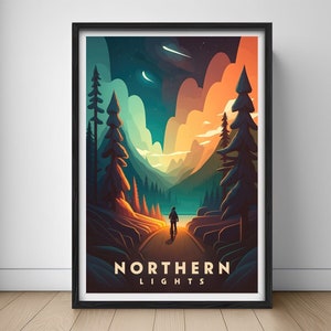 Northern Lights Travel Poster,Northern Lights Wall Art Print,Aurora Night Sky,Aurora Painting Illustration,Aurora Watercolor,Home Decor