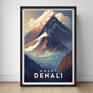 May include: A framed poster with a stylized illustration of Mount Denali, a mountain with snow-capped peaks and clouds in the background. The text "MOUNT DENALI" is printed in white at the bottom of the poster.