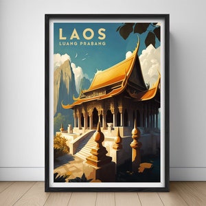 Póster de viaje de Luang Prabang, Laos, impresión de arte mural de Laos, Luang Prabang, ilustración de pintura de Laos, templo dorado de Laos imprimible, decoración del hogar de Laos