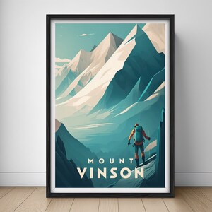 May include: A vintage travel poster design featuring a hiker with a backpack standing on a mountain peak, looking out at a snowy mountain range. The poster has the text "MOUNT VINSON" in a bold, sans-serif font.