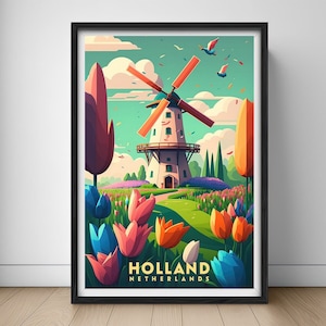 The Netherlands Travel Poster,Holland Wall Art Print,Netherlands Painting,Holland Illustration,Printable Holland Windmill Watercolor Decor