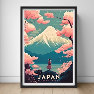 May include: A vintage travel poster featuring Mount Fuji, a snow-capped mountain, with pink cherry blossoms in the foreground. The text "JAPAN MOUNT FUJI" is at the bottom of the poster.