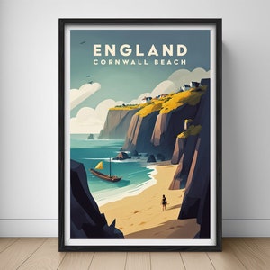 May include: A retro-style travel poster featuring a scenic view of a beach in Cornwall, England. The poster features a rocky cliffside, a small boat in the water, and a person walking on the beach. The text "ENGLAND CORNWALL BEACH" is printed in bold letters at the top of the poster.